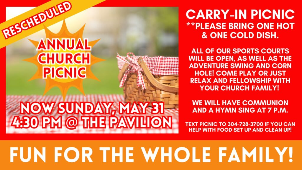 Red and orange church picnic flyer; left shows 'Annual Church Picnic' with sunburst and a picnic basket, right lists date and activities.